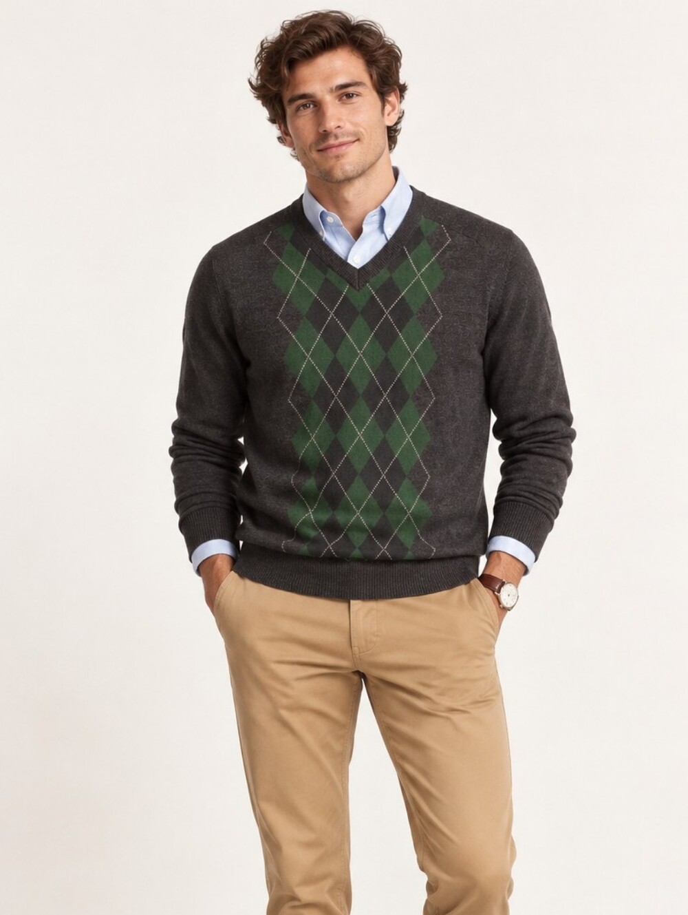 Merona Italian Merino Wool Argyle V Neck Sweater M Preppy Academia University